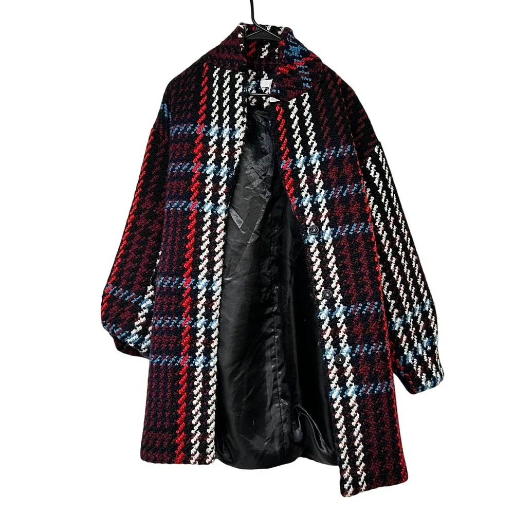 H&M Women's Red Check Snap Front Wool‎ Blend Jacquard Coat Size S